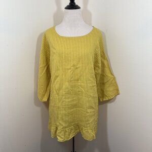 Lungo L'Arno Womens Linen Yellow Striped Top Tunic Ruffle Lagenlook Italy Sz L